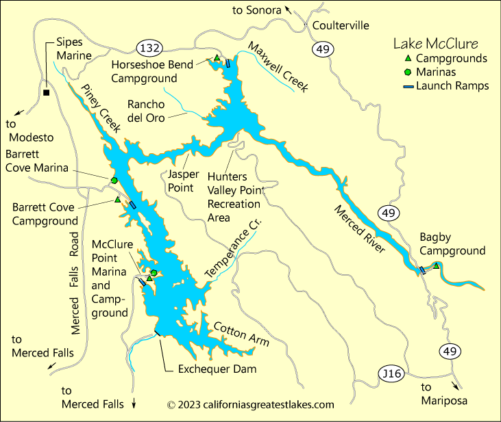 Lake McClure fishing map, CA